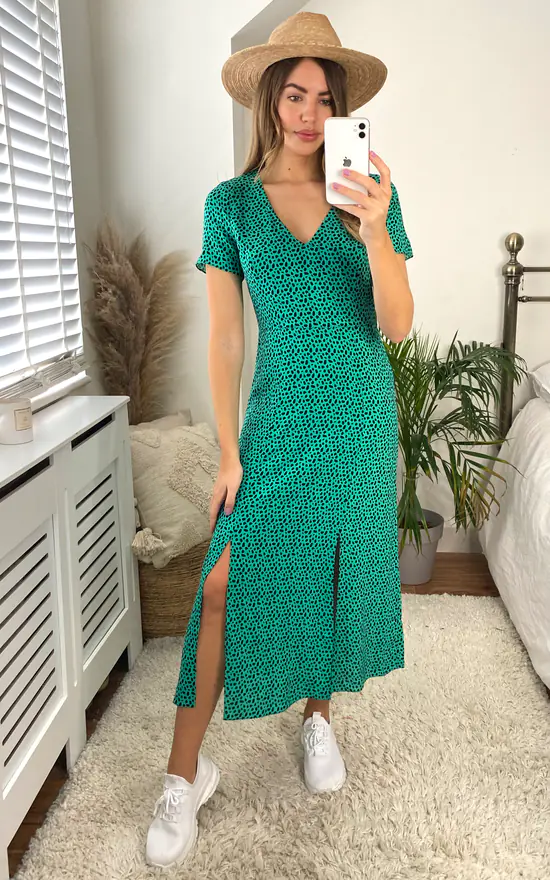 Winnie Animal V Neck Midi Dress In Green And Black 6 Winnie Animal V Neck Midi Dress In Green And Black - Image 4
