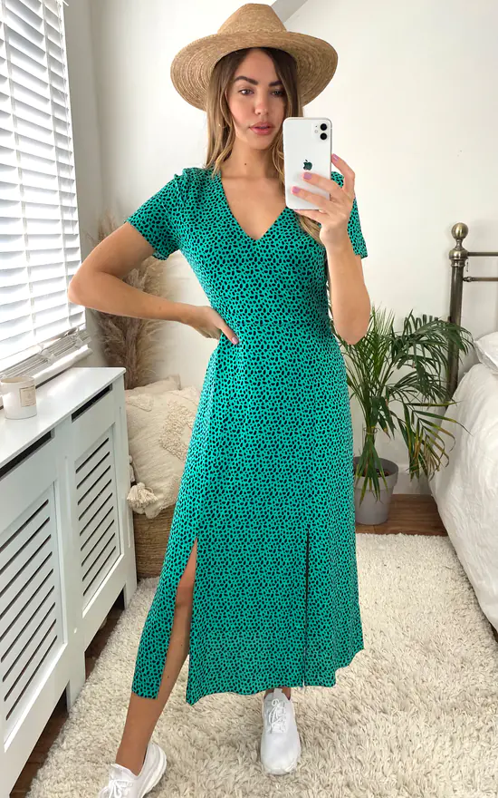 Winnie Animal V Neck Midi Dress In Green And Black 4 Winnie Animal V Neck Midi Dress In Green And Black - Image 2