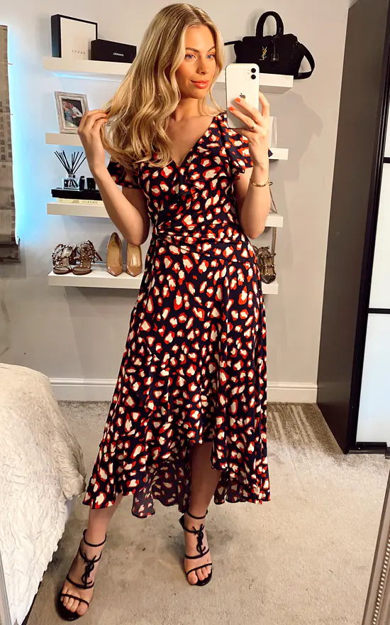 Printed Ruffle Dip Hem Maxi Dress, Navy Animal 4 Printed Ruffle Dip Hem Maxi Dress, Navy Animal - Image 2