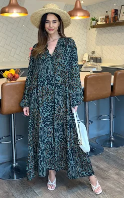 Mara Leopard Print Tiered Maxi Dress In Khaki -UK Skirt Sales 2023 2021 04 19 Megan Naomi BlueVanilla16