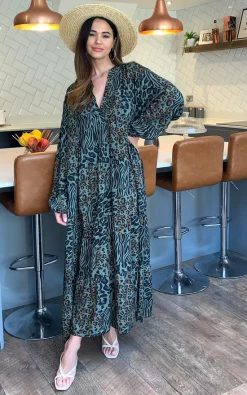 Mara Leopard Print Tiered Maxi Dress In Khaki