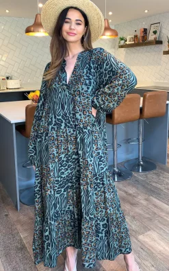 Mara Leopard Print Tiered Maxi Dress In Khaki -UK Skirt Sales 2023 2021 04 19 Megan Naomi BlueVanilla20