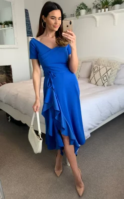 Exclusive Bardot Frill Midi Dress Dark Royal Blue -UK Skirt Sales 2023 2021 04 21 Megan Naomi FeverFish2