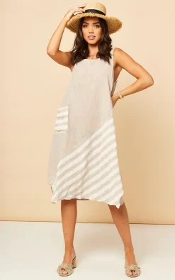 Sleeveless Summer Midi Dress In Beige With White Stripes