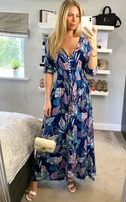 Multi Print Feather Buttoned Midi Dress In Navy