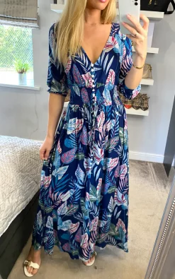 Multi Print Feather Buttoned Midi Dress In Navy -UK Skirt Sales 2023 2021 04 25 sasha anegleye 23 04 2021 12 17 23