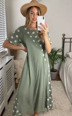 Maxi Oversized T Shirt Dress In Khaki Polka Dot -UK Skirt Sales 2023 2021 05 21 Megan Cara Bella Blue53