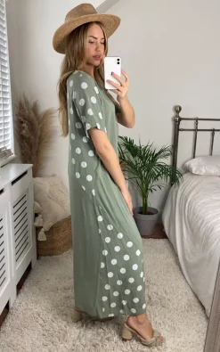 Maxi Oversized T Shirt Dress In Khaki Polka Dot -UK Skirt Sales 2023 2021 05 21 Megan Cara Bella Blue54
