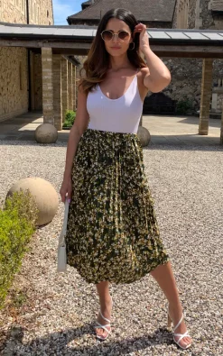 Green Floral Print Pleated Midi Skirt With Elasticated Waistband