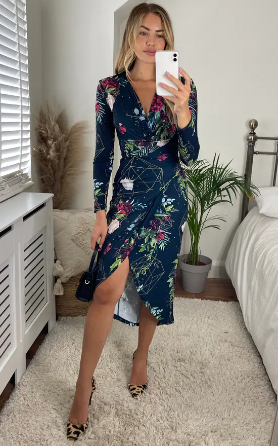 Long Sleeve Midi Wrap Style Dress In Geometric Floral Print 4 Long Sleeve Midi Wrap Style Dress In Geometric Floral Print - Image 2