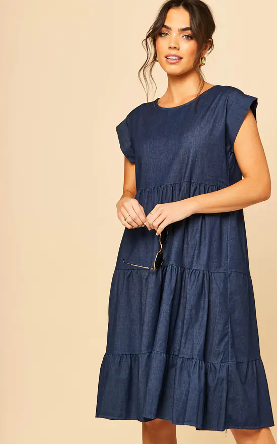 Tiered Denim Dress In Dark Blue 5 Tiered Denim Dress In Dark Blue - Image 3