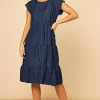 Tiered Denim Dress In Dark Blue
