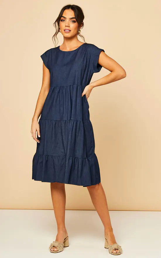 Tiered Denim Dress In Dark Blue 3 Tiered Denim Dress In Dark Blue