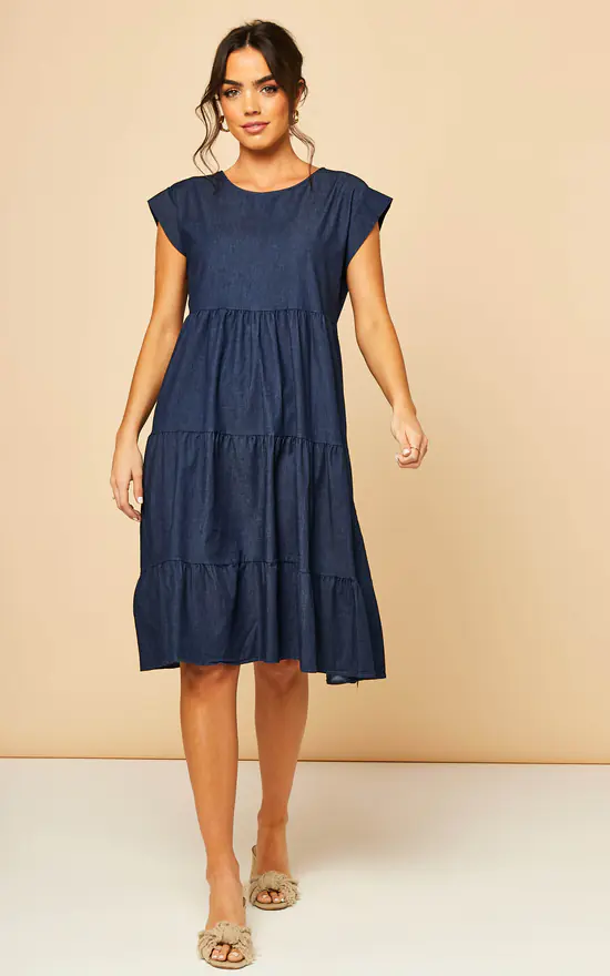 Tiered Denim Dress In Dark Blue 4 Tiered Denim Dress In Dark Blue - Image 2
