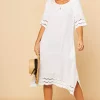 Midi Dress With Broderie Detail In White