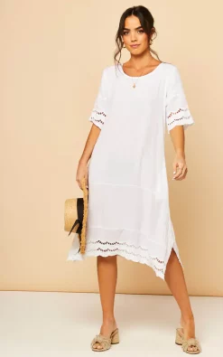 Midi Dress With Broderie Detail In White