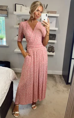 Coleen Wrap Maxi Dress, Pink Polka