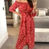 Red Bardot Floral Print Midi Wrap Dress With Front Slit -UK Skirt Sales 2023 2021 08 17 Megan D.anna 0374