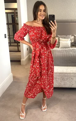 Red Bardot Floral Print Midi Wrap Dress With Front Slit