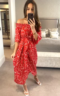 Red Bardot Floral Print Midi Wrap Dress With Front Slit -UK Skirt Sales 2023 2021 08 17 Megan D.anna 0375