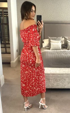 Red Bardot Floral Print Midi Wrap Dress With Front Slit -UK Skirt Sales 2023 2021 08 17 Megan D.anna 0377