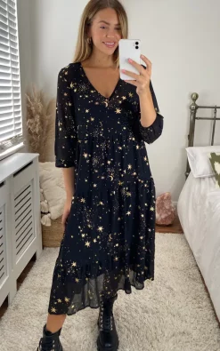 Black/Gold Star & Moon Flowy Maxi