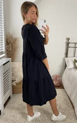 Noisy May Tiered Denim Midi Dress In Black -UK Skirt Sales 2023 2021 08 20 Megan Cara NoisyMay21