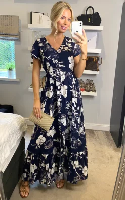 Navy Tropical Button Front Maxi Dress