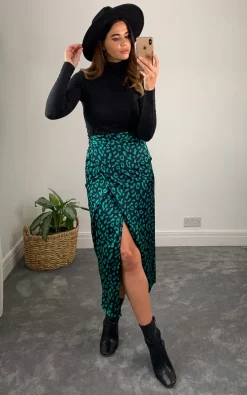 Green/Navy Leopard Animal Print Midi Wrap Skirt
