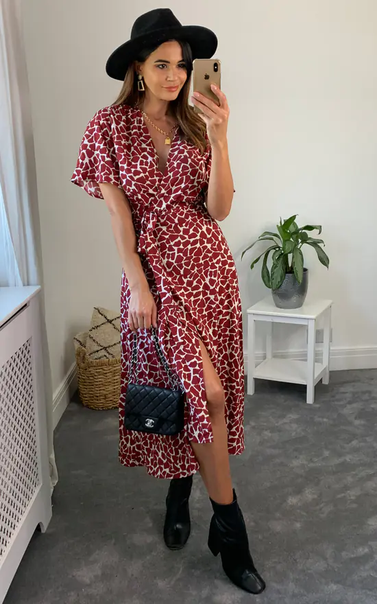 Burgundy Print V Neck Maxi Dress With Frill Detail 5 Burgundy Print V Neck Maxi Dress With Frill Detail - Image 3