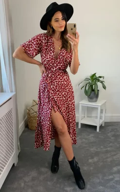 Burgundy Print V Neck Maxi Dress With Frill Detail