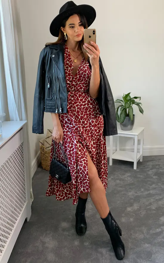 Burgundy Print V Neck Maxi Dress With Frill Detail 4 Burgundy Print V Neck Maxi Dress With Frill Detail - Image 2