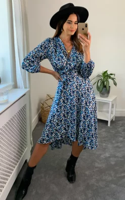 High Low Leopard Print Wrap Midi Dress In Blue