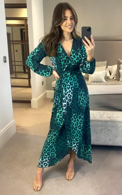 Wrap Midi Dress In Green Leopard Print -UK Skirt Sales 2023 2021 09 21 megan Jenerique 2731
