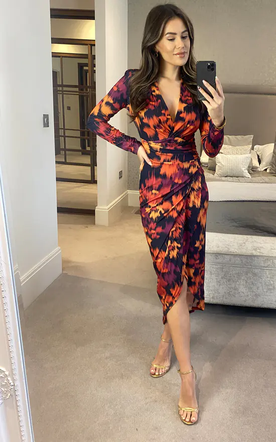 Midi Wrap Style Long Sleeves Dress In Fuchsia Floral Print 3 Midi Wrap Style Long Sleeves Dress In Fuchsia Floral Print