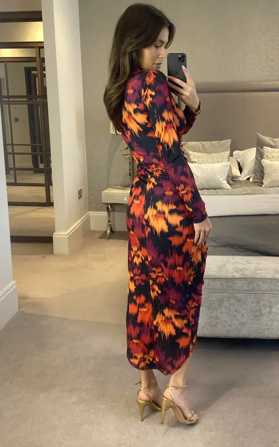 Midi Wrap Style Long Sleeves Dress In Fuchsia Floral Print 5 Midi Wrap Style Long Sleeves Dress In Fuchsia Floral Print - Image 3