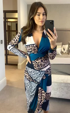 Wrap Midi Dress With Slit In Green Animal Print -UK Skirt Sales 2023 2021 09 21 megan Jenerique 2768
