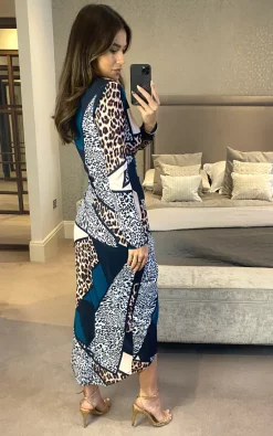 Wrap Midi Dress With Slit In Green Animal Print -UK Skirt Sales 2023 2021 09 21 megan Jenerique 2770