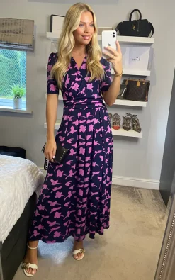 Jolie Moi Amaka Wrap Leaf Midi Dress, Navy Leafy