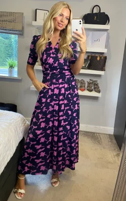 Jolie Moi Amaka Wrap Leaf Midi Dress, Navy Leafy -UK Skirt Sales 2023 2021 09 22 Megan Sasha JolieMoi18