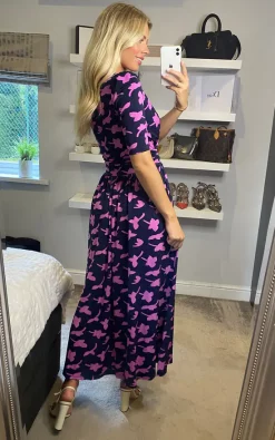 Jolie Moi Amaka Wrap Leaf Midi Dress, Navy Leafy -UK Skirt Sales 2023 2021 09 22 Megan Sasha JolieMoi20