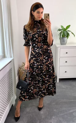 Blush And White Floral Print Tiered Dress With High Neck And 3/4 Smocked Sleeves In Black