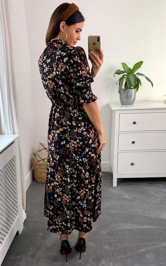 Blush And White Floral Print Tiered Dress With High Neck And 3/4 Smocked Sleeves In Black - Image 4