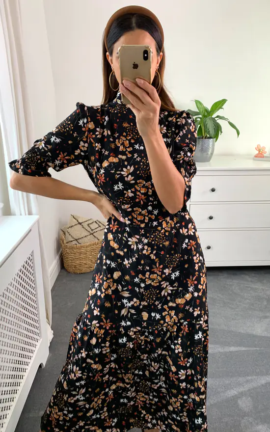 Blush And White Floral Print Tiered Dress With High Neck And 3/4 Smocked Sleeves In Black - Image 2