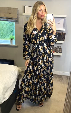 Two Tone Big Leaf Long Sleeve Pleated Maxi Dress