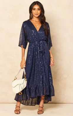 Sequin Plunge Maxi Dress In Navy