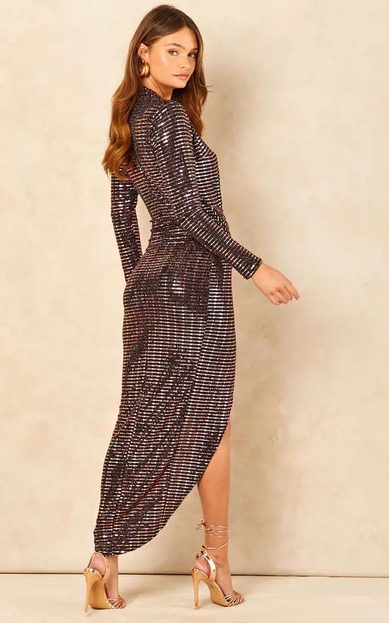 Rose Gold Deep V Sequin Wrap Over Dress 6 Rose Gold Deep V Sequin Wrap Over Dress - Image 4