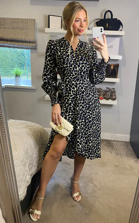 Animal Print Smocked Long Sleeve Wrap Dress And Belt Fastening In Black And White 4 Animal Print Smocked Long Sleeve Wrap Dress And Belt Fastening In Black And White - Image 2