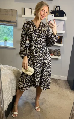 Floral Print Long Sleeve Midi Wrap Dress In Black And White