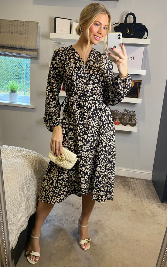 Floral Print Long Sleeve Midi Wrap Dress In Black And White 3 Floral Print Long Sleeve Midi Wrap Dress In Black And White